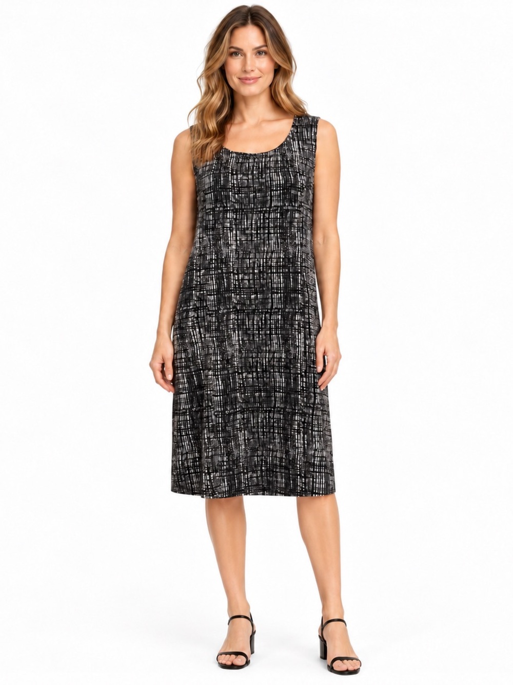 Coldwater Creek Sleeveless Knit Shift Dress - Black White Abstract Grid Size 14